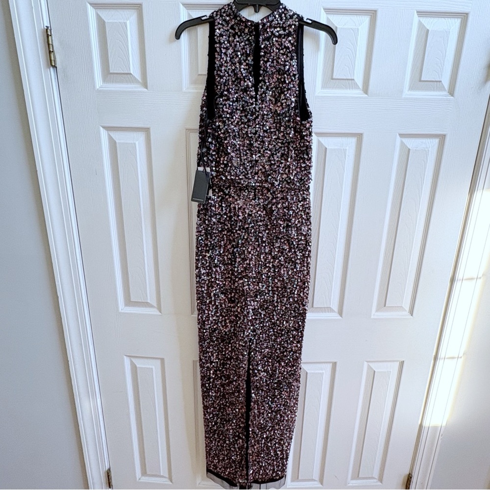 NWT Adrianna Papell Black sequin beaded halter blouson gown size 10. - Picture 3 of 8